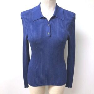 Theory Ribbed Polo Sweater Womens Medium Blue Long Sleeve Knit Top Raglan